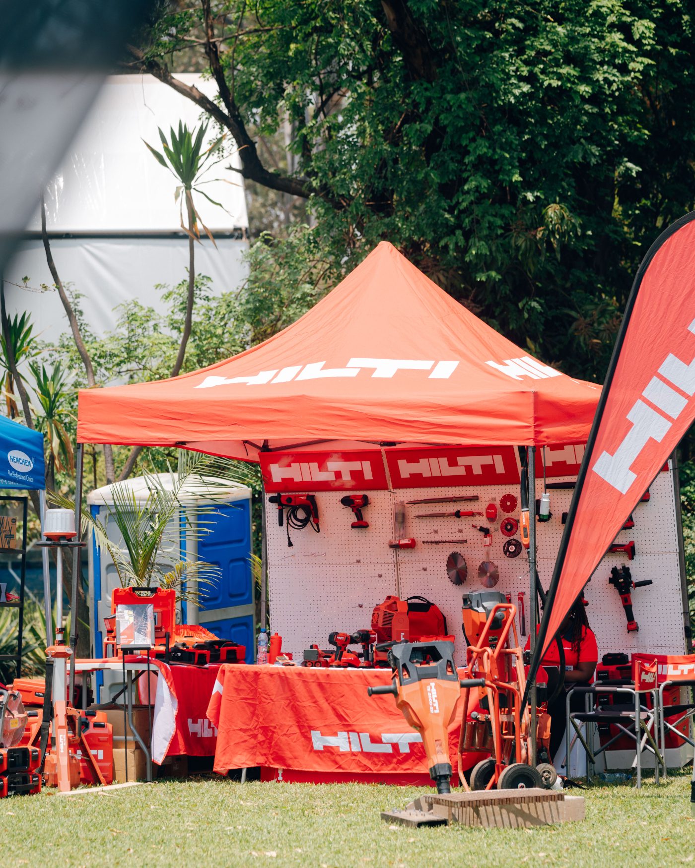 Hilti expo booth with branded tent and tool wall